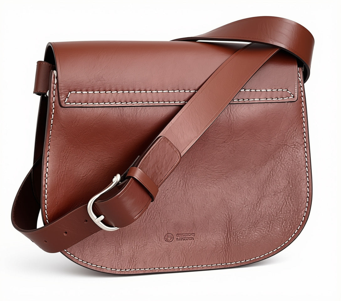 Rear view of brown Diana leather shoulder bag showing leather grain, a horizontal stitched leather strip, contrast stitching, and an adjustable strap with a metal buckle.